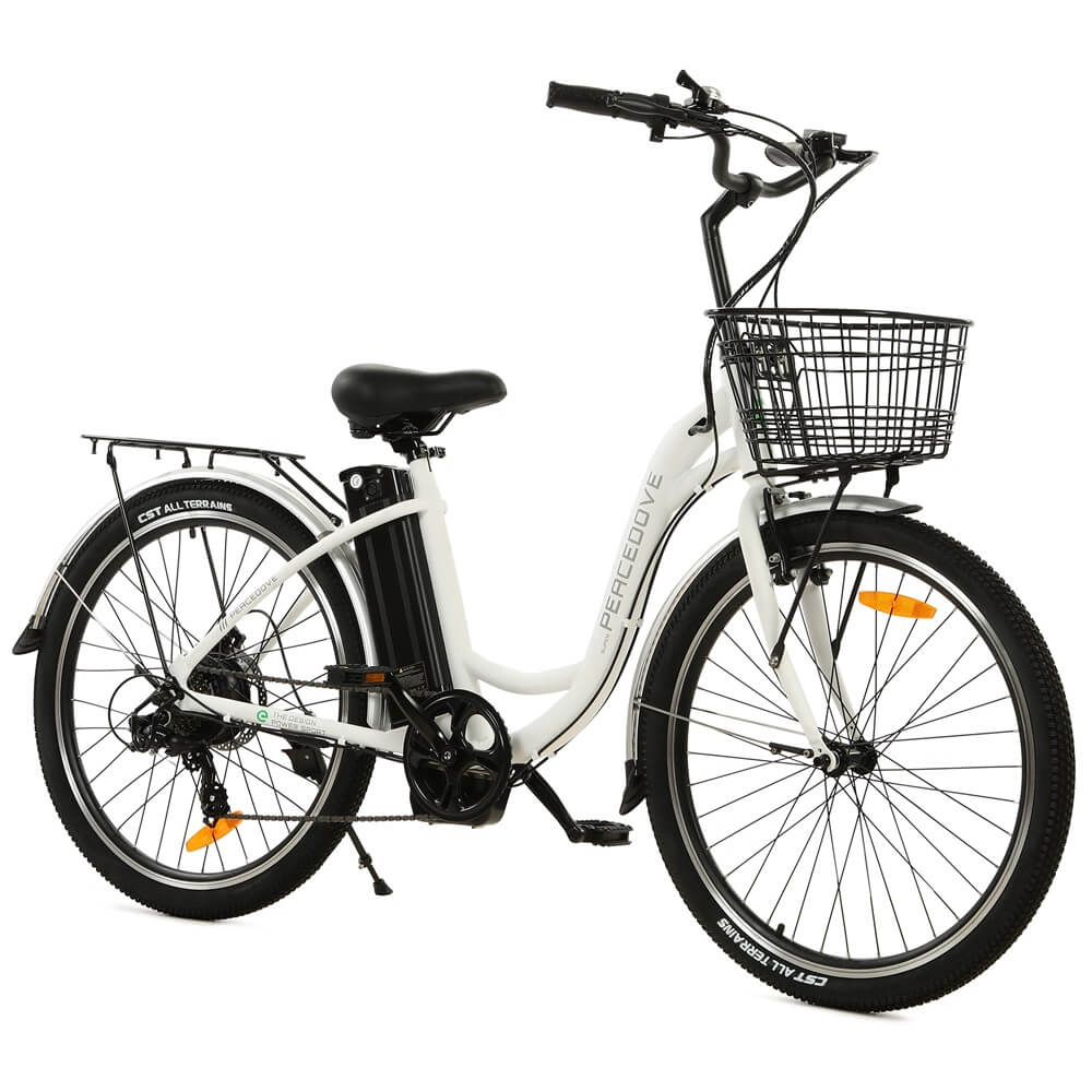 Ecotric Peacedove electric city bike with basket and rear rack